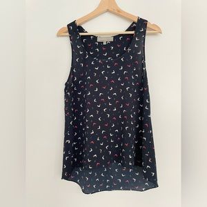 Current Affairs Tank Blouse in Blue with Whimsical Bird Pattern Size XS EUC